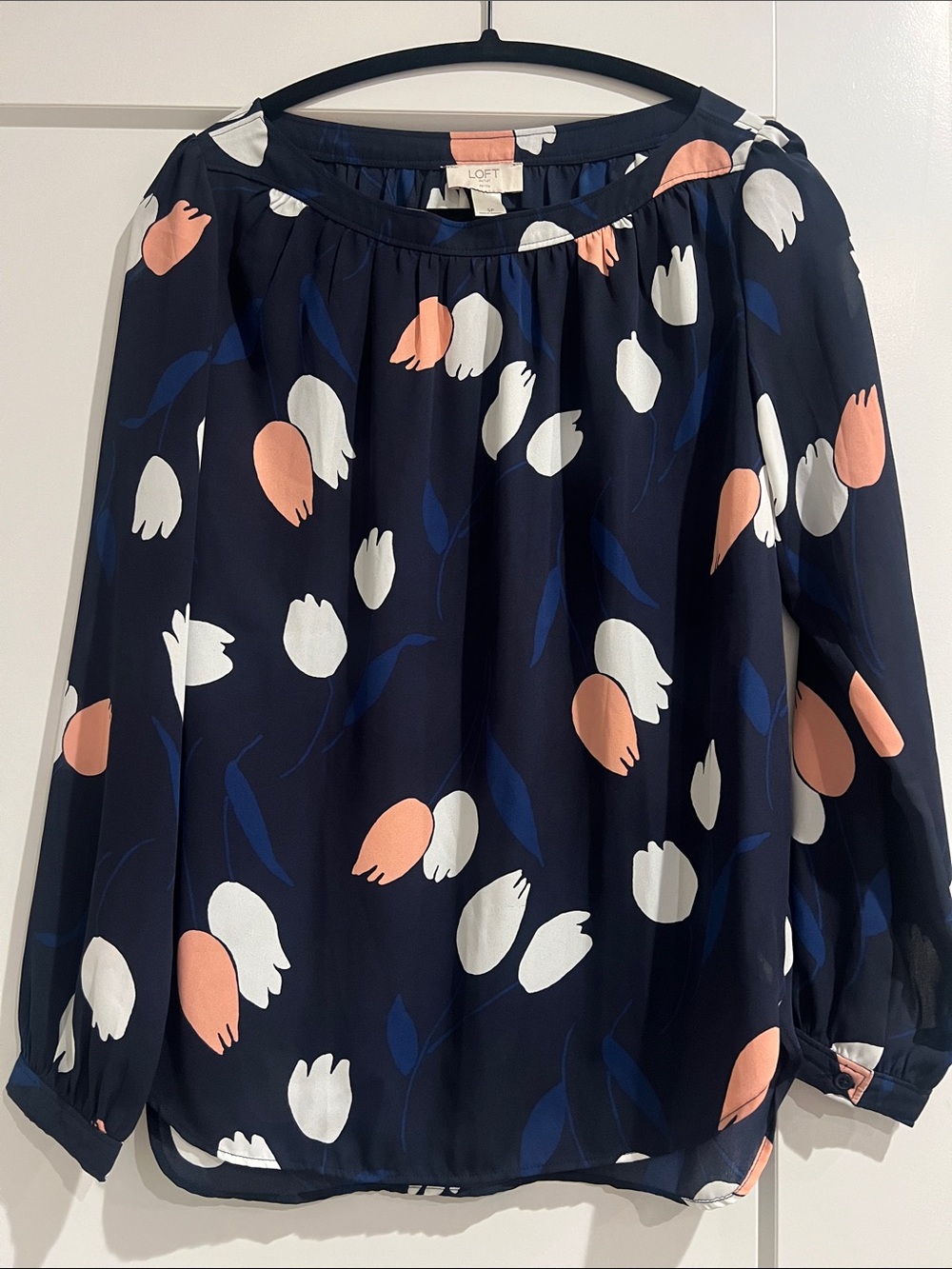 LOFT Navy Floral Tulip Top with White and Peach Print